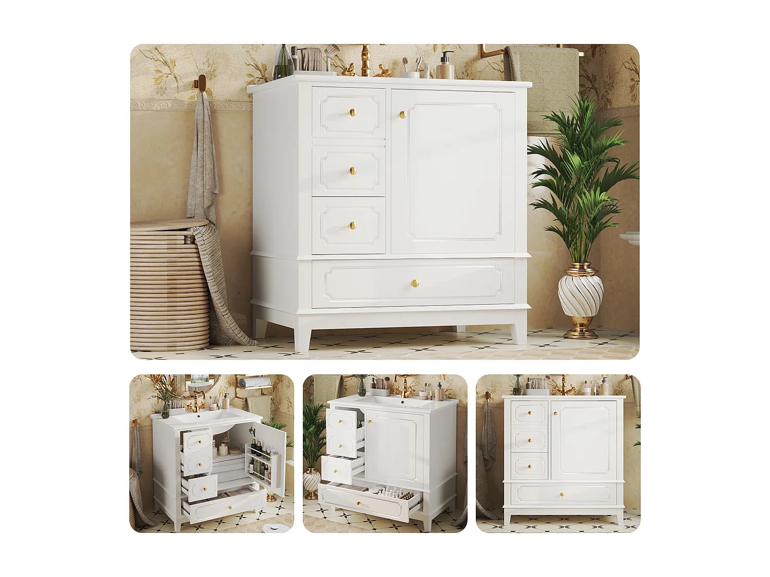 Meuble de salle de bain avec vasque en céramique - 76.5 x 47 x 87.5 cm - avec tiroirs + 1 porte - MDF - blanc