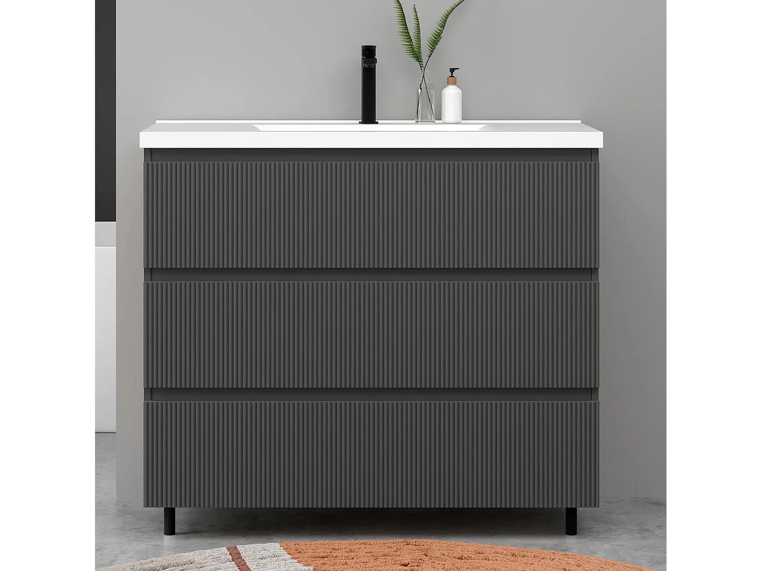 Meuble de salle de bain suspendu Strié 100cm avec simple vasque + 3 tiroirs, Anthracite