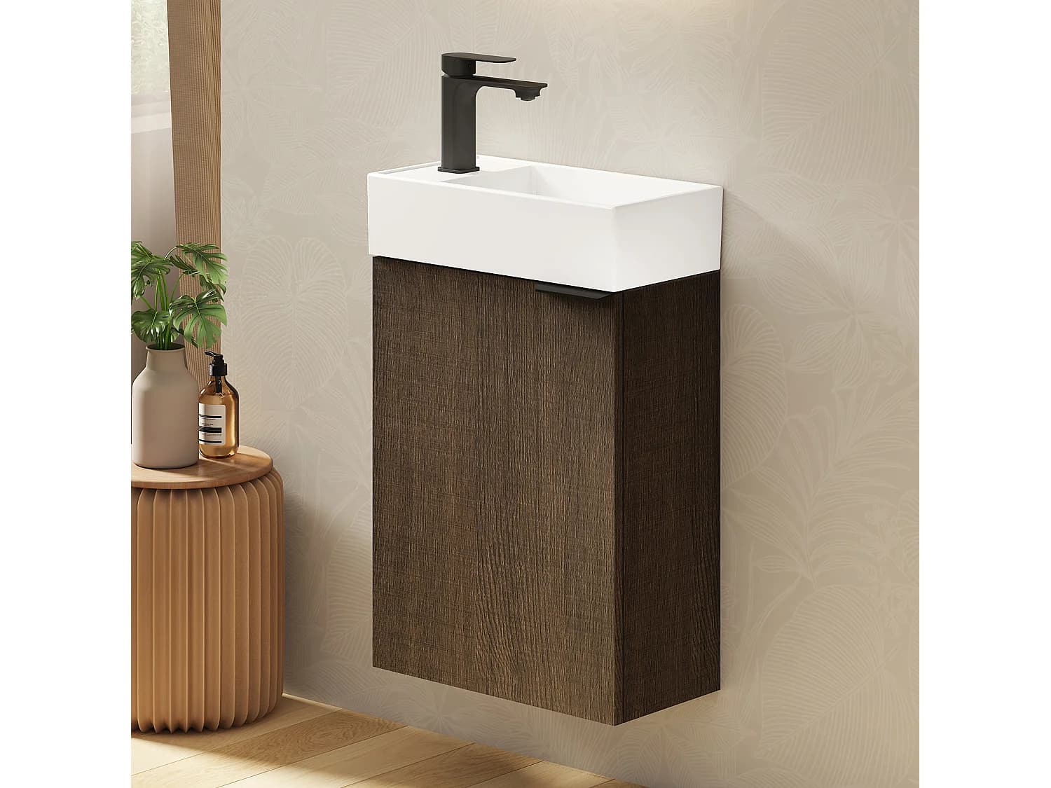 EMKE Meuble salle de bain mural vasque céramique blanche moderne finition bois foncé L.41.7 x H.64.6 cm