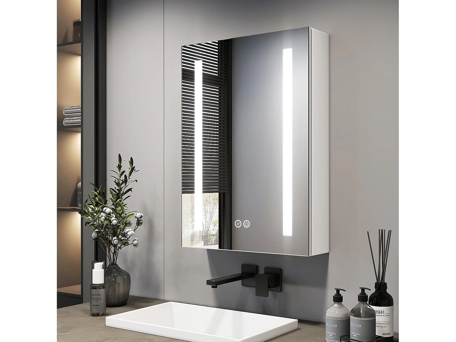 Armoire de toilette LED 70x50cm blanche avec miroir prise et anti-buée EMKE
