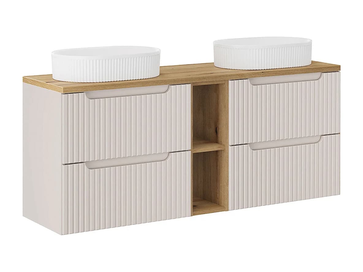 Meuble double vasque 140cm 4 tiroirs 2 niches Riva Cachemire et Bois