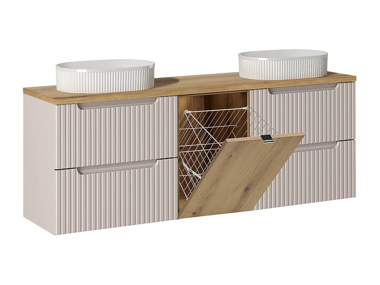 Meuble double vasque 160cm panier à linge Riva Cachemire et Bois