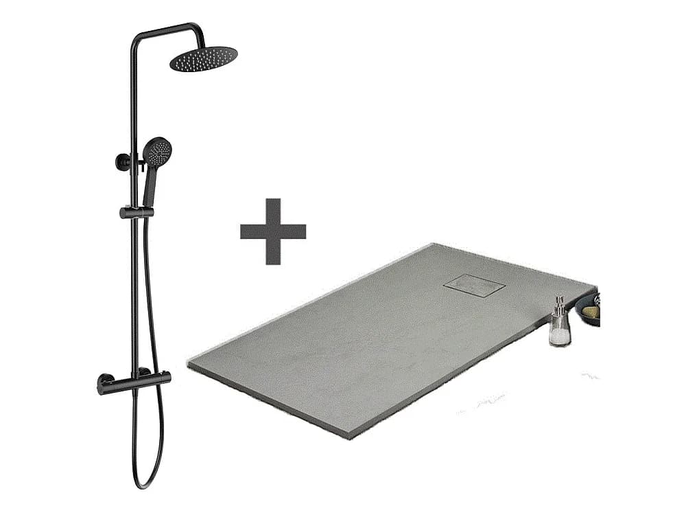 Pack Receveur de douche 90 x 120 cm extra plat gris + Colonne de douche thermostatique