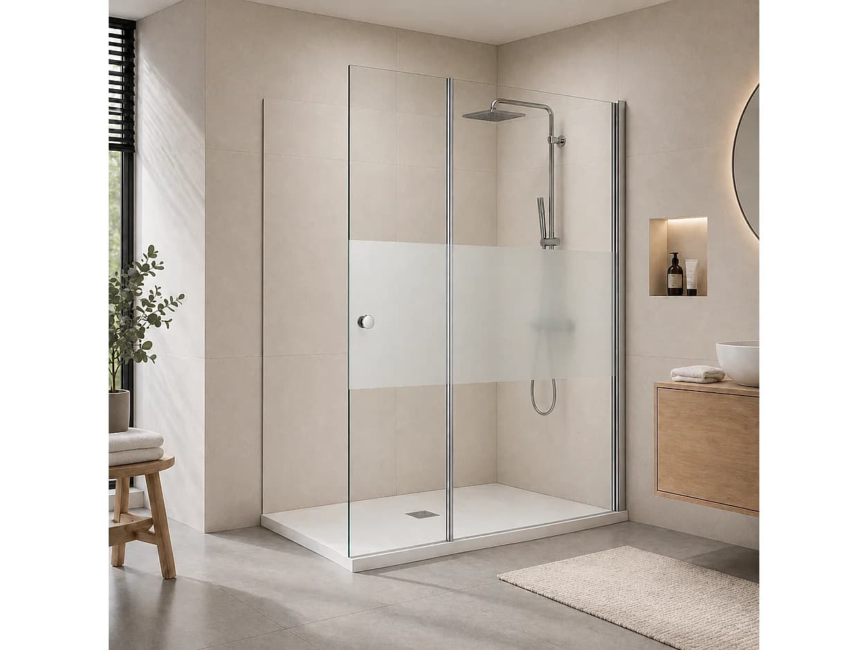Onbath's Paroi de douche 100+40 cm avec déflecteur en verre transparent à bande dépolie - profilés chromés