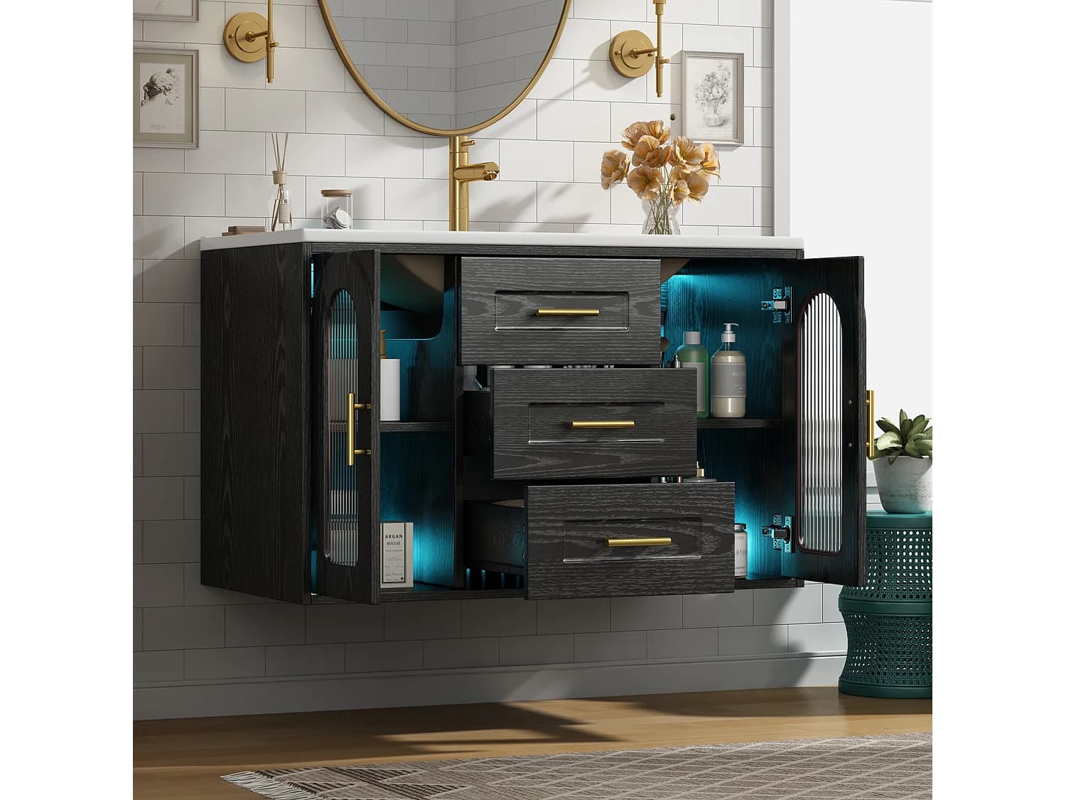 Meuble Vasque Salle de Bains Suspendu - avec Vasque Céramique - avec Tiroirs et Portes en Verre Strié, Éclairage LED - Noir(Sans Robinet)