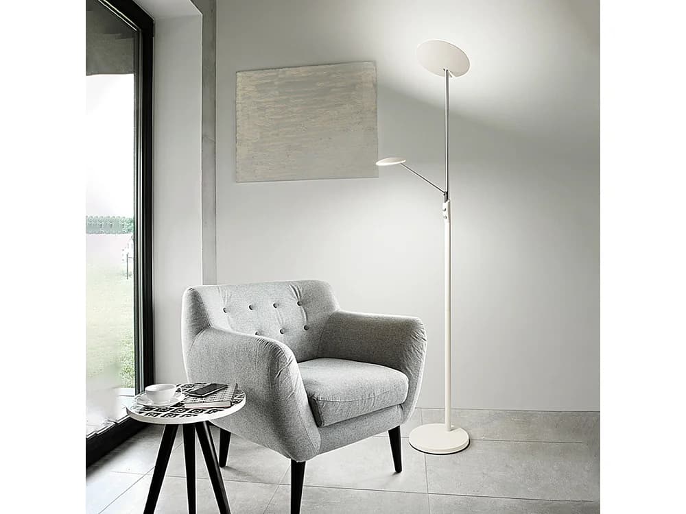 Lampadaire Led En Métal Blanc Et Chrome, Double Émission 28W+5W 3000K Dimmable, Design Moderne H.183Cm - Perenz. Luminaire Élégant D'Intérieur.
