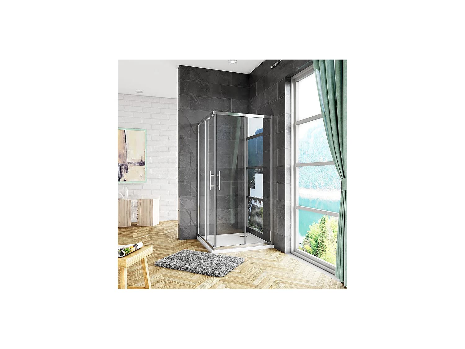 Cabine de douche 80x80x185cm accès d'angle, cabine de douche carrée porte de douche coulissante sans bac à douche
