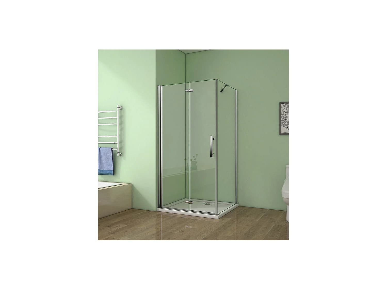 Cabine de douche pivotante et pliante 80x76x185cm en 6mm verre anticalcaire, porte de douche + paroi latérale avec barre fixée d'angle