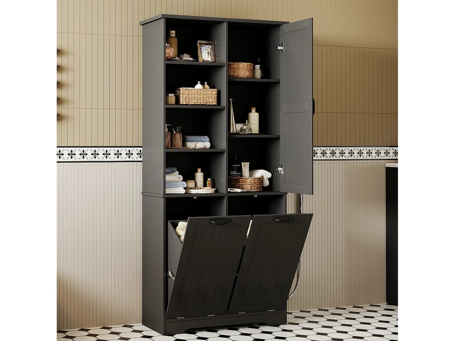 Meuble de salle de bain 78x35x172 cm - 2 paniers à linge - 4 étagères ouvertes - Finition résistante à l'humidité - Noir