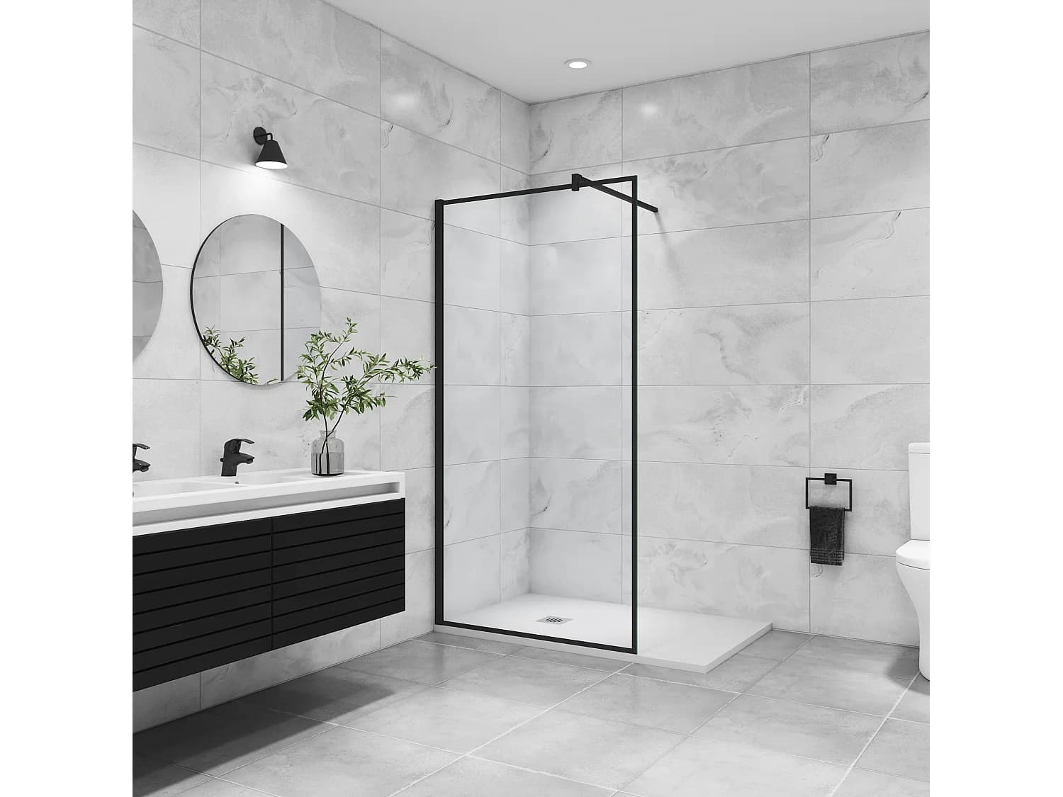 Paroi de douche noire 90x200cm à l'italienne avec barre de fixation noire 140cm en carré, en 8mm verre trempé anticalcaire