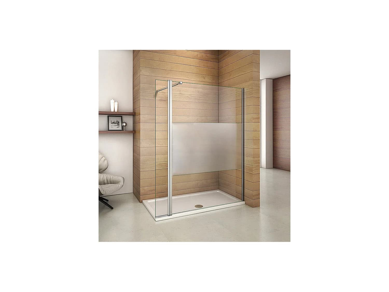 Paroi de douche à l'italienne verre dépoli au centre 110+40x200cm avec retour pivotant, avec barre de fixation 73-120cm