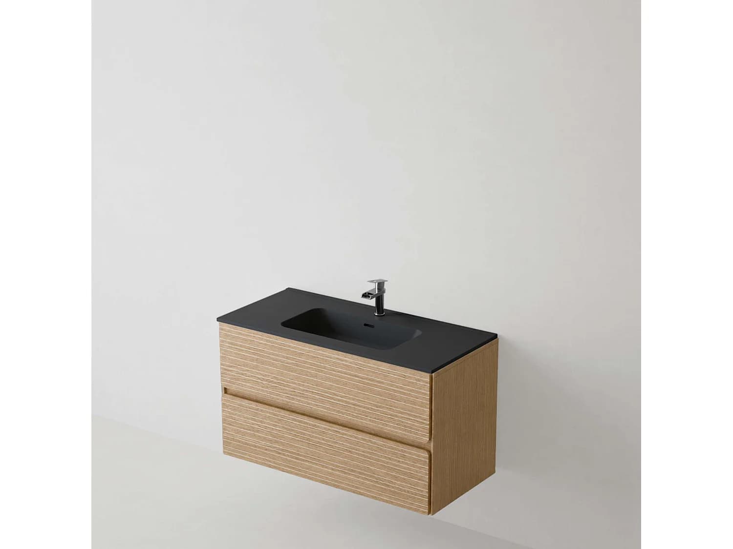 Meuble salle de bain 100 cm chêne clair "Mud" avec vasque céramique Volterra noir mat, 2 tiroirs, H54 x P45 cm, Mod.RANDOM