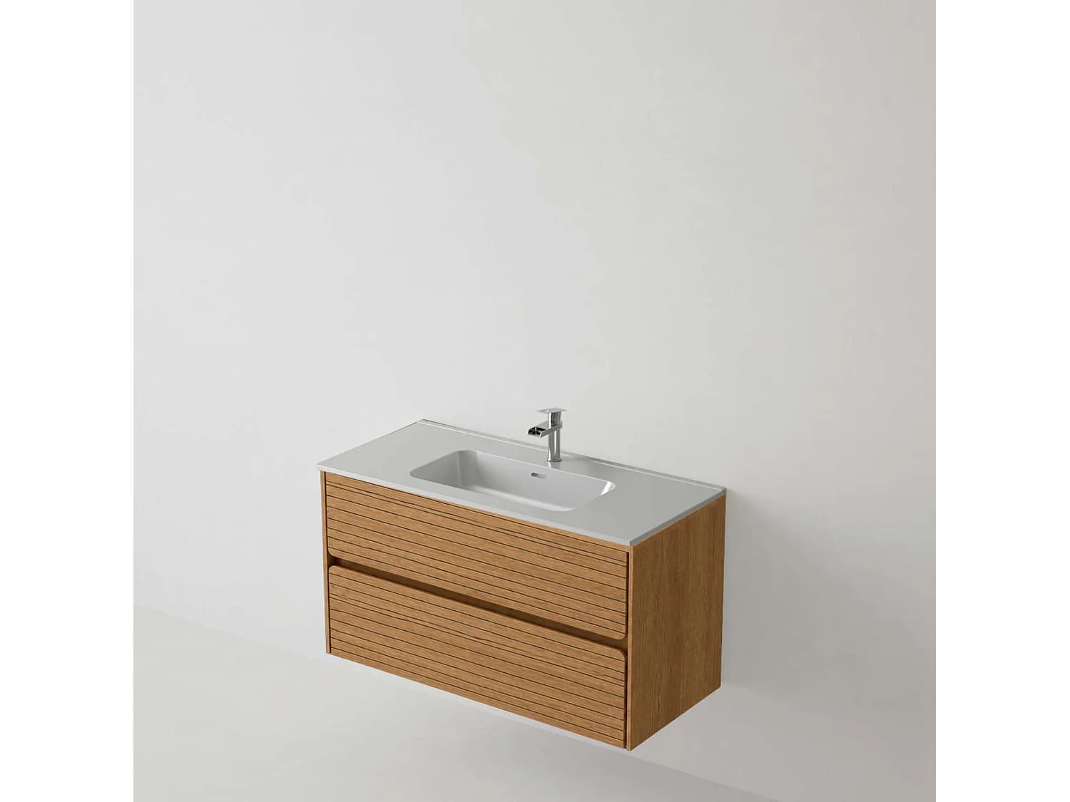 Meuble salle de bain 80 cm chêne moyen "Sand" avec vasque céramique Volterra blanc brillant, 2 tiroirs, H54 x P45 cm, Mod.RANDOM