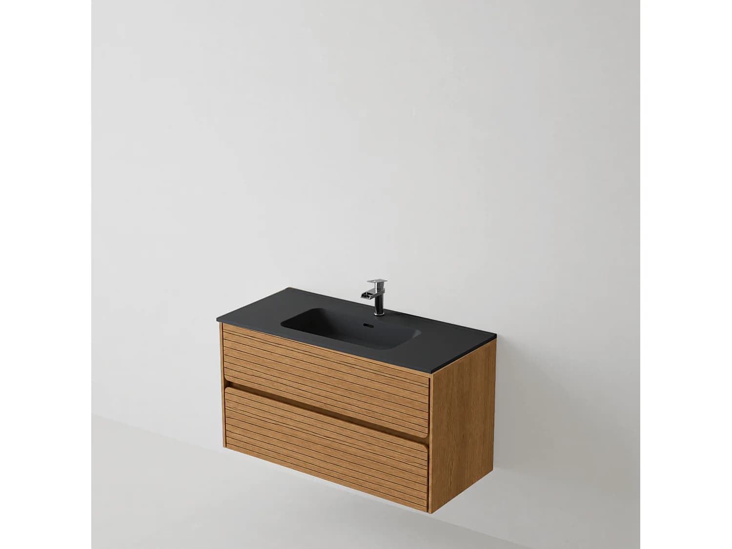 Meuble salle de bain 100 cm chêne moyen "Sand" avec vasque céramique Volterra noir mat, 2 tiroirs, H54 x P45 cm, Mod.RANDOM