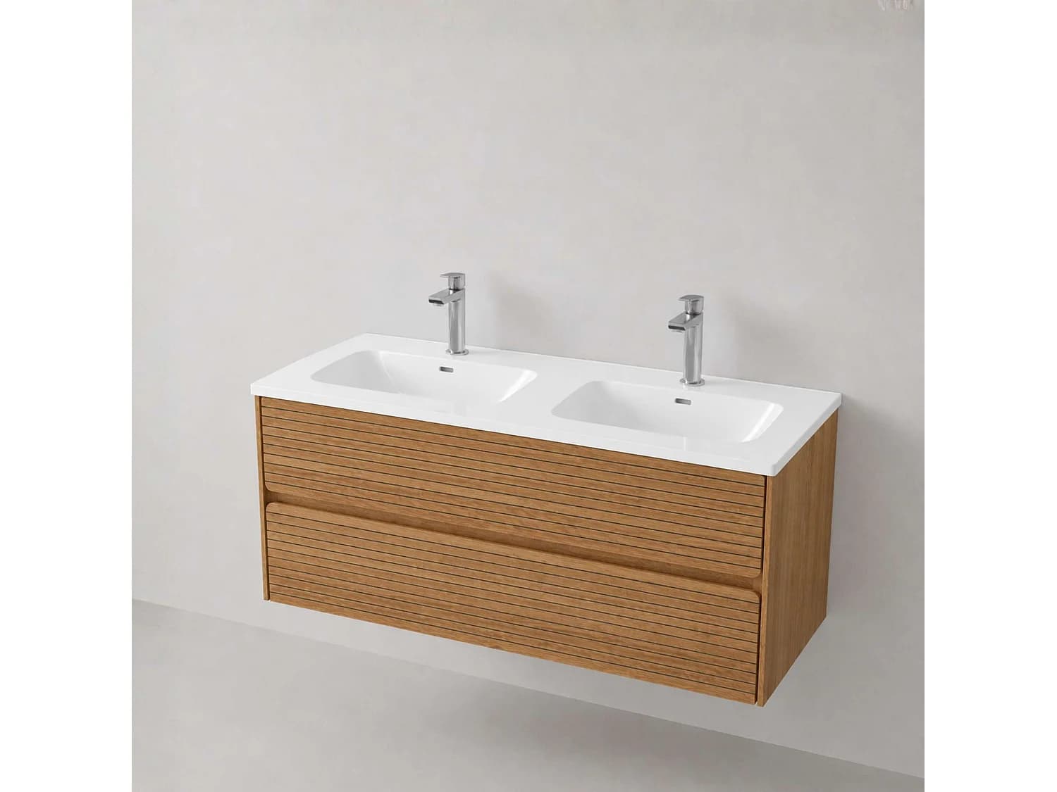 Meuble salle de bain 120 cm chêne moyen "Sand" avec double vasque céramique Volterra blanc brillant, 2 tiroirs, H54 x P45 cm, Mod.RANDOM