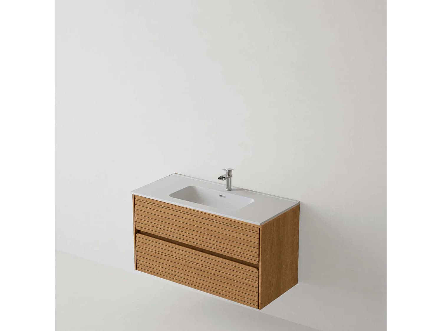 Meuble salle de bain 120 cm chêne moyen "Sand" avec vasque céramique Volterra blanc mat, 2 tiroirs, H54 x P45 cm, Mod.RANDOM