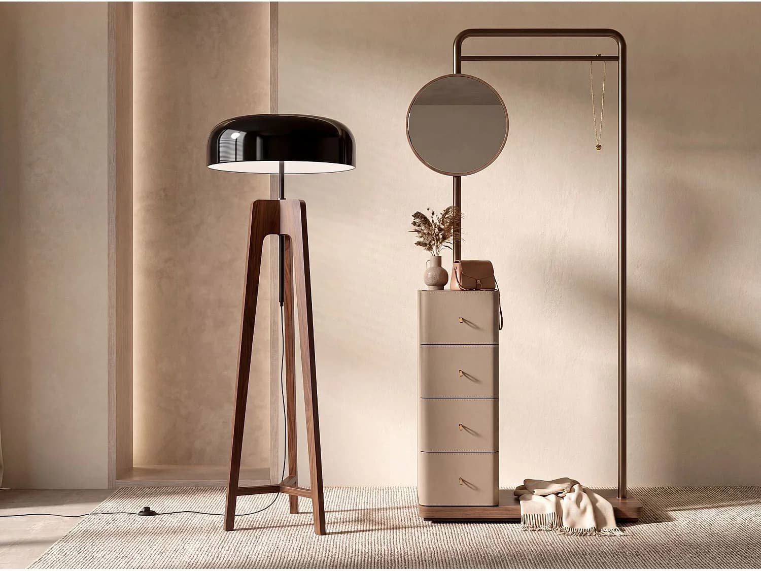 Lampadaire en aluminium noir et blanc et bois de pin couleur noyer 8110 THE LUMINE
