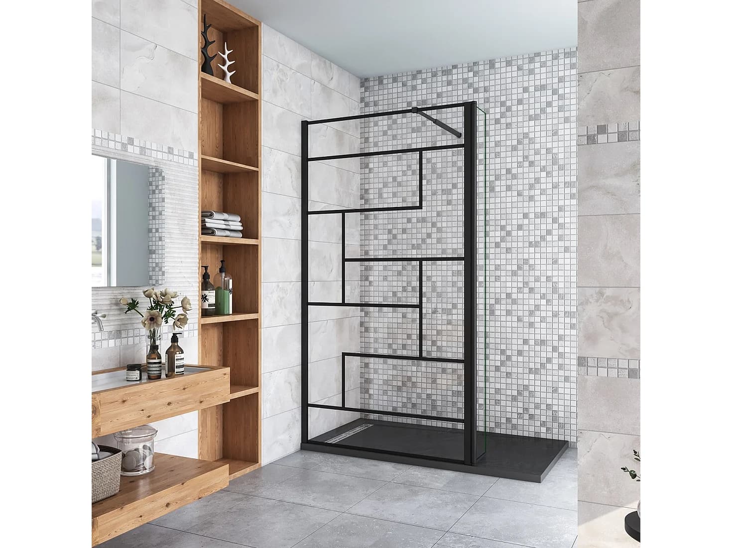 Paroi de douche fixe à l'italienne 80+30x200cm avec retour pivotant - Noir - avec barre de fixation 73-120cm en carré