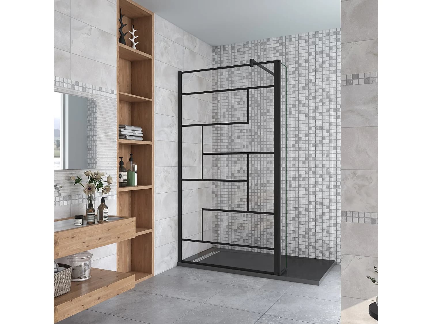 Paroi de douche fixe à l'italienne 140+40x200cm avec retour pivotant - Noir - avec barre de fixation 90cm en carré