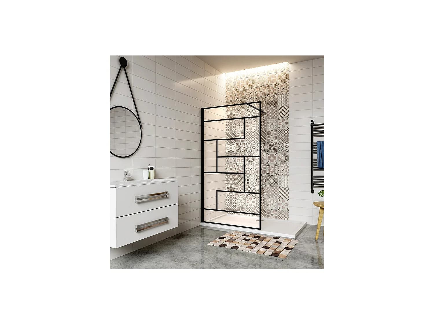 Paroi de douche 70x200cm fixe à l'italienne avec barre de fixation noire 90cm, en 8mm verre anticalcaire style moderne