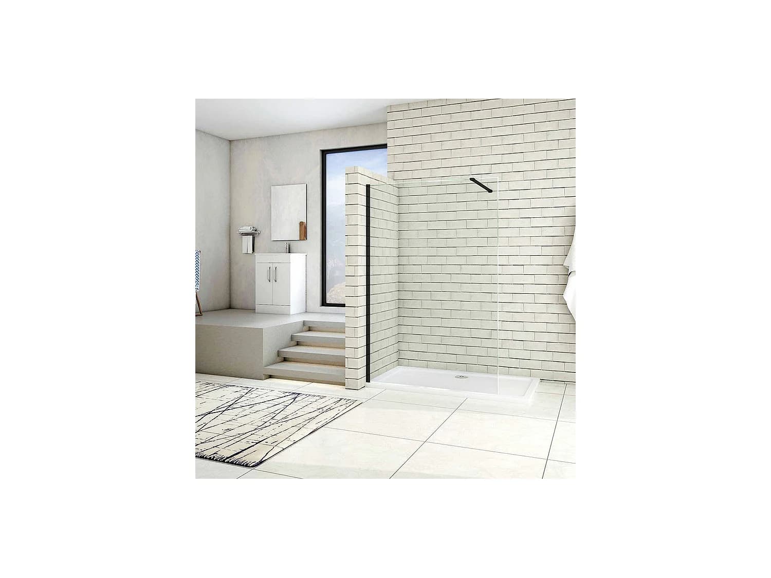 Paroi de douche à l'italienne 130x200cm en verre 8mm securit anticalcaire, avec barre de fixation 90cm recoupable - Noir Mat