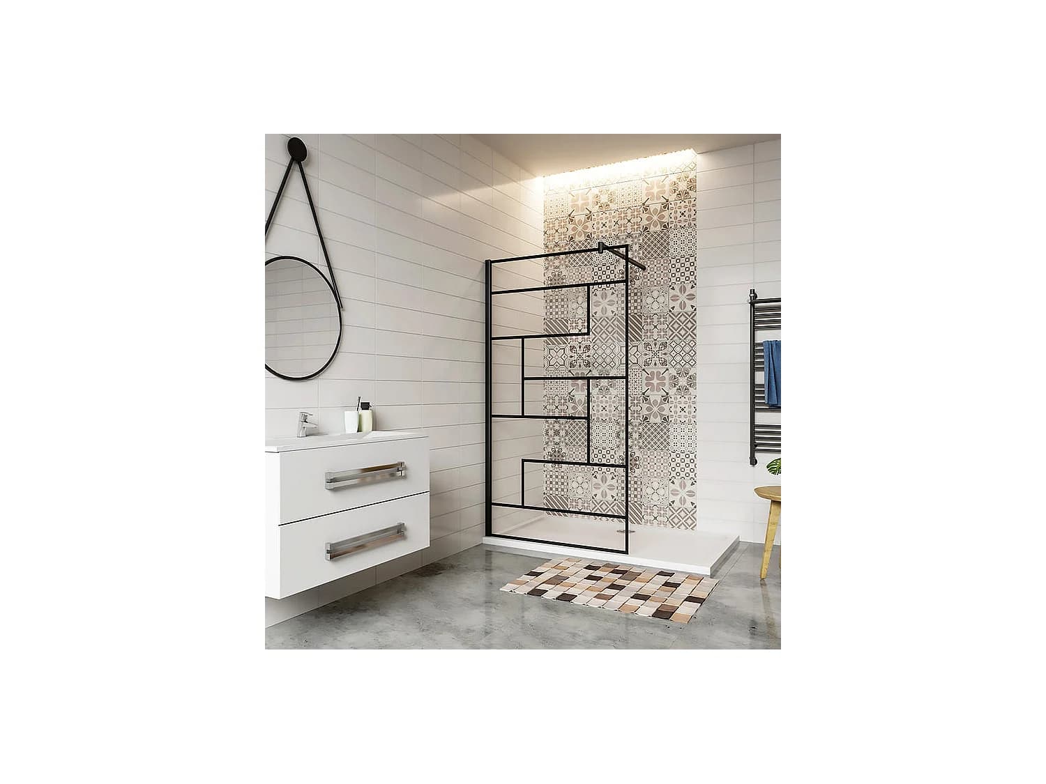 Paroi de douche 90x200cm fixe à l'italienne avec barre de fixation noire 70-120cm extensible, en 8mm verre anticalcaire style moderne