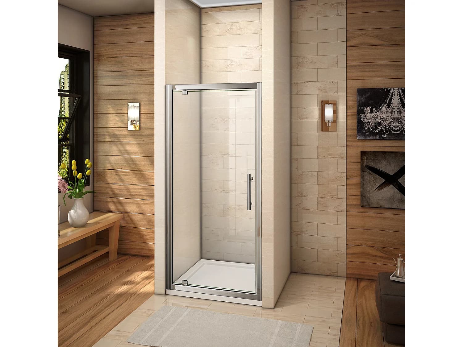 Porte de douche 80x185cm en 6mm verre securit transparent, porte de douche pivotante à pince tournée, installation en niche