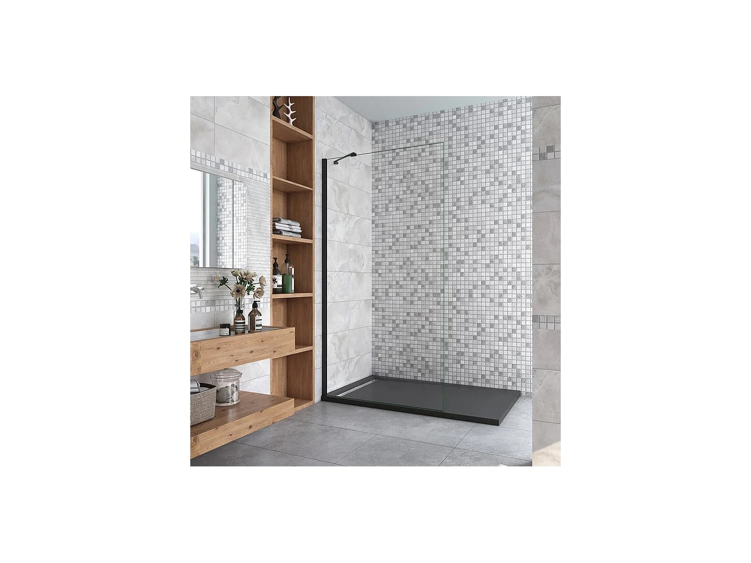 Paroi de douche à l'italienne 90x200cm en verre 8mm securit anticalcaire, avec barre de fixation d'angle 45cm - Noir Mat