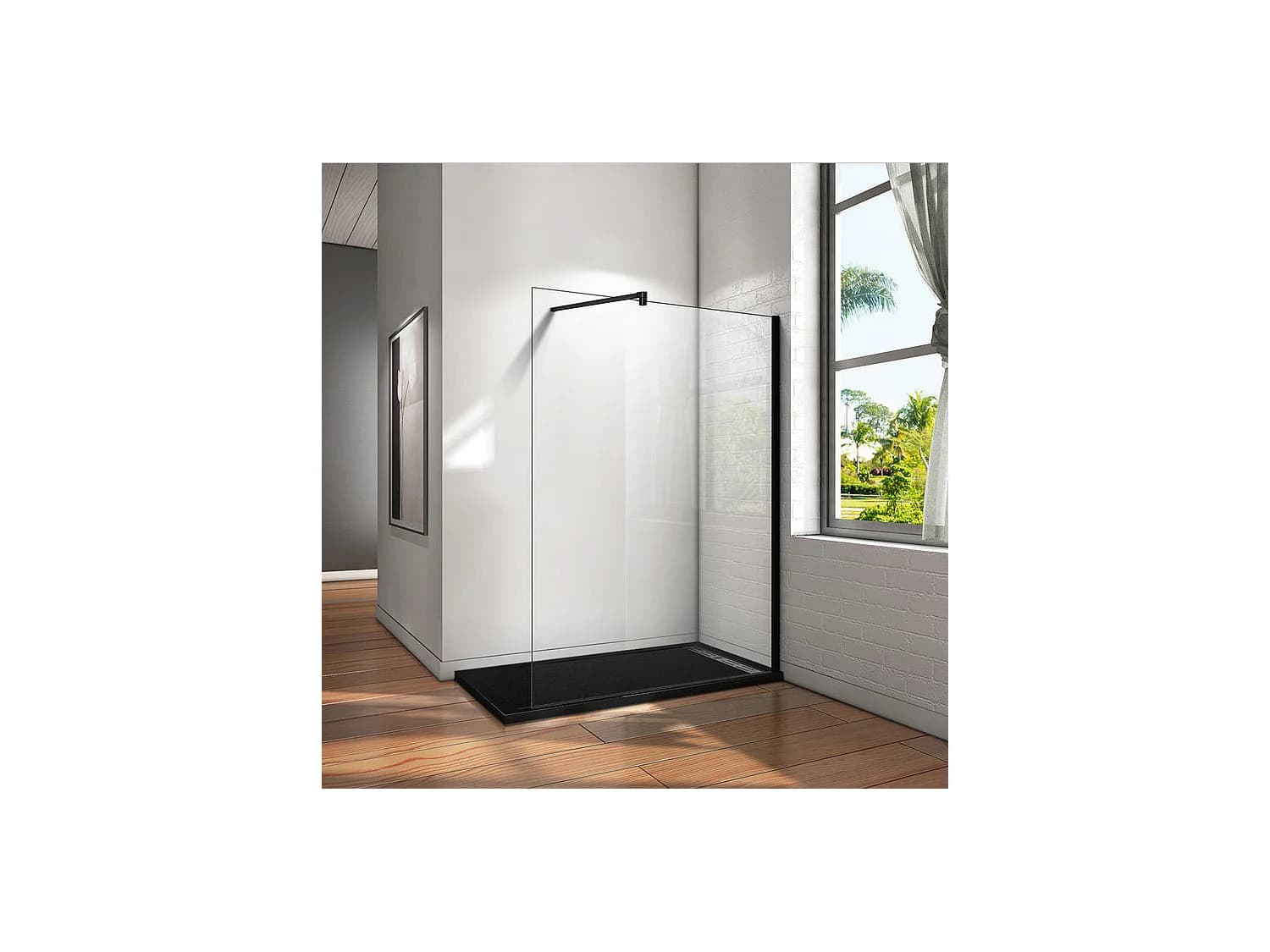 Paroi de douche à l'italienne 160x200cm en verre 8mm securit anticalcaire, avec barre de fixation 140cm en carré - Noir Mat