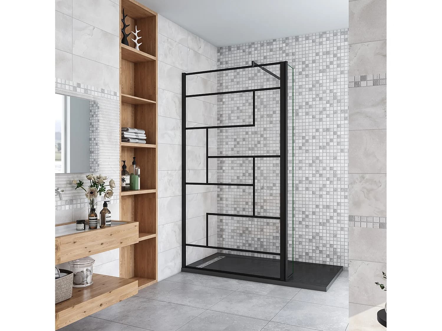 Paroi de douche fixe à l'italienne 100+30x200cm avec retour pivotant - Noir - avec barre de fixation 70-120cm en cylindrique