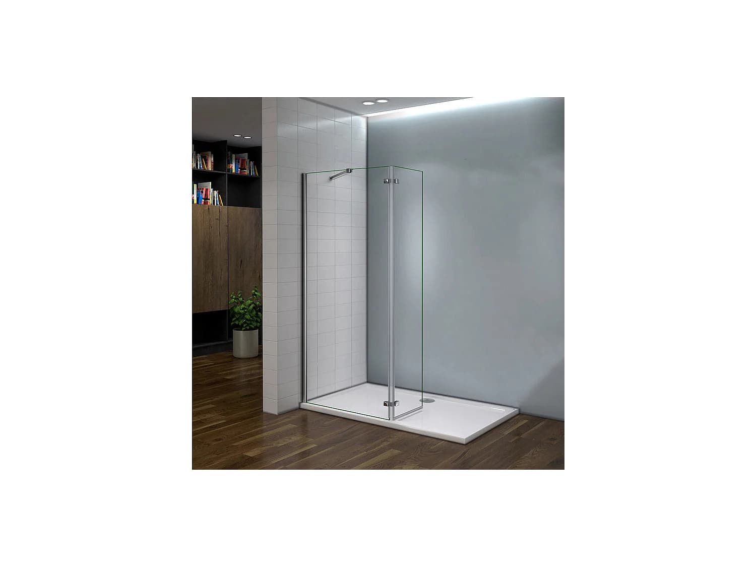 Paroi de douche fixe à l'italienne avec retour pivotant 90+40x200cm, charnières, avec barre de fixation 73-120cm en carré