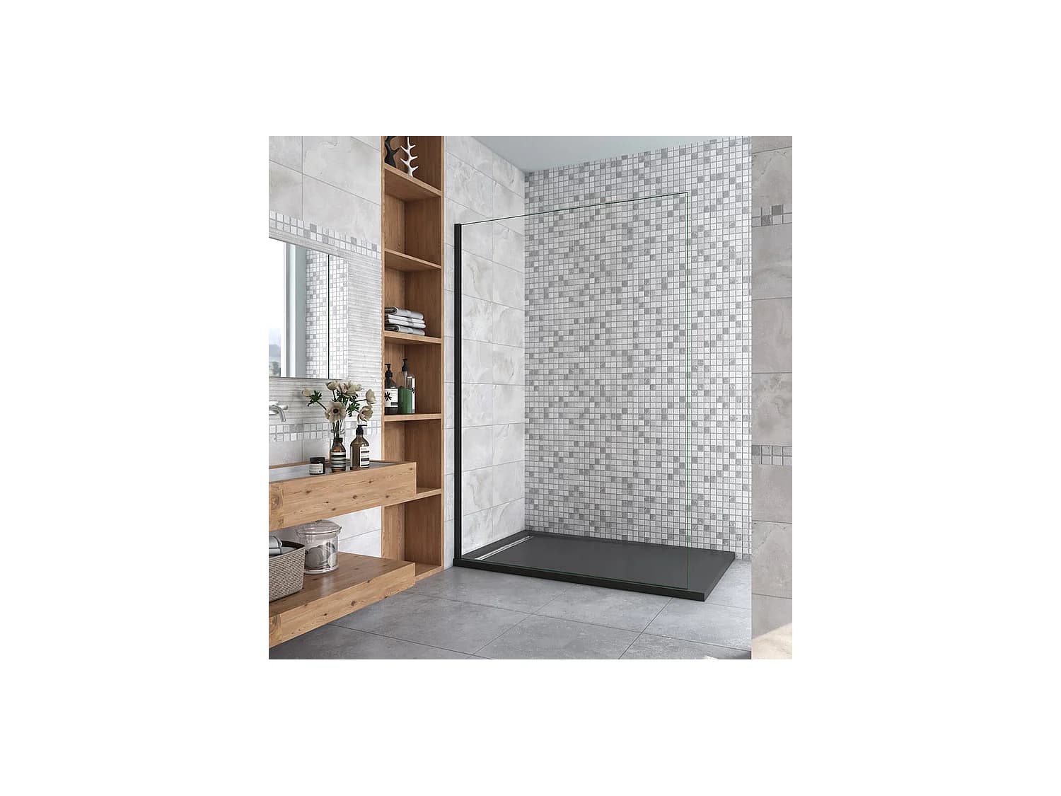 Paroi de douche fixe à l'italienne 160x200cm - Noir Mat - Verre 8mm anticalcaire, sans barre de fixation