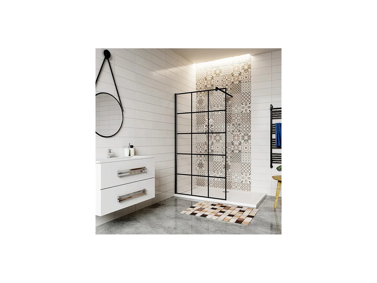 Paroi de douche fixe à l'italienne 140x200cm avec barre de fixation 90cm en carré - Noir - 8mm verre coloré et anticalcaire