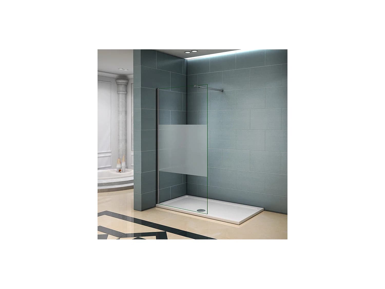 Paroi de douche à l'italienne 120x200cm avec barre de fixation 73-120cm en carré, en 8mm verre bande centrale dépolie